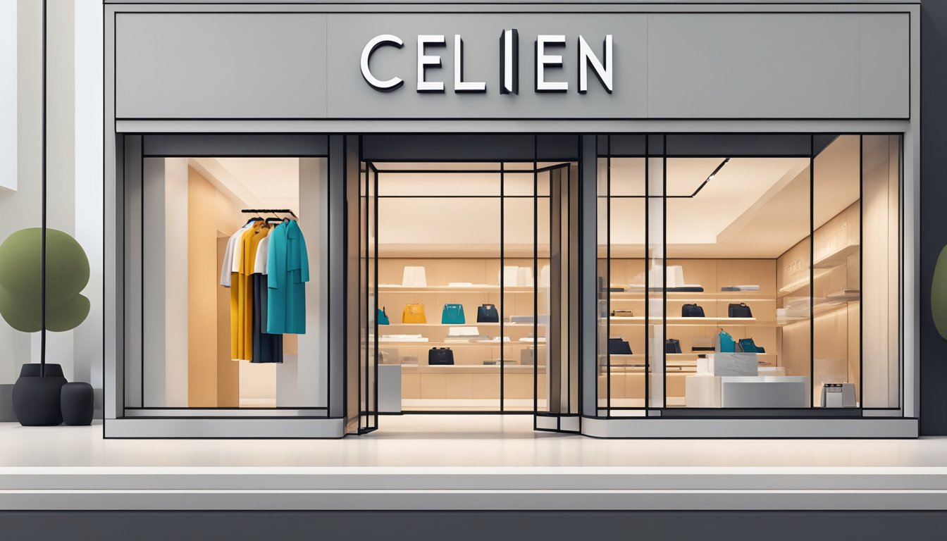 A sleek, modern storefront with bold Celine branding. Clean lines and minimalist design. Online shopping options displayed prominently