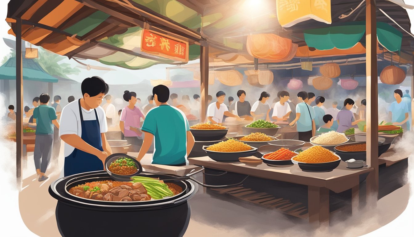 A steaming claypot filled with fragrant rice, tender chunks of meat, and assorted vegetables, emitting a tantalizing aroma. Surrounding it, a bustling hawker center in Singapore, with colorful stalls and eager diners