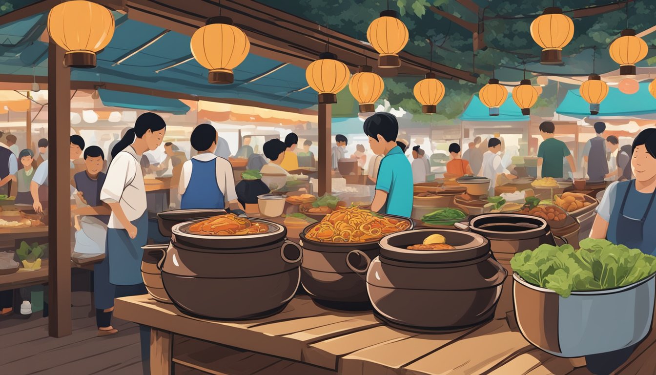 A claypot filled with aromatic Singaporean cuisine sits on a rustic wooden table, surrounded by bustling market stalls and curious onlookers
