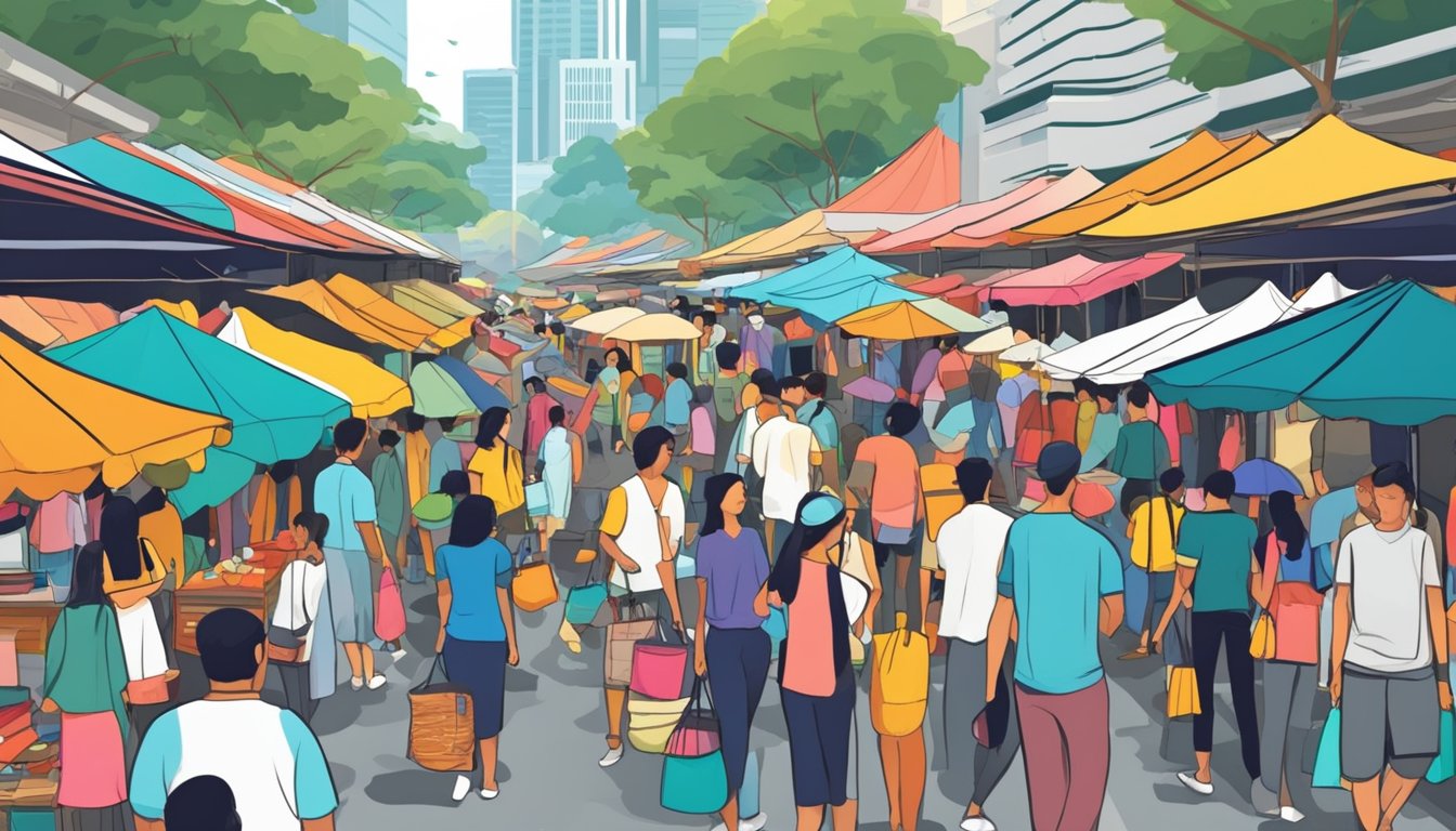 A crowded street market in Singapore, with colorful stalls selling affordable wardrobes. Busy shoppers haggle with vendors under bright umbrellas