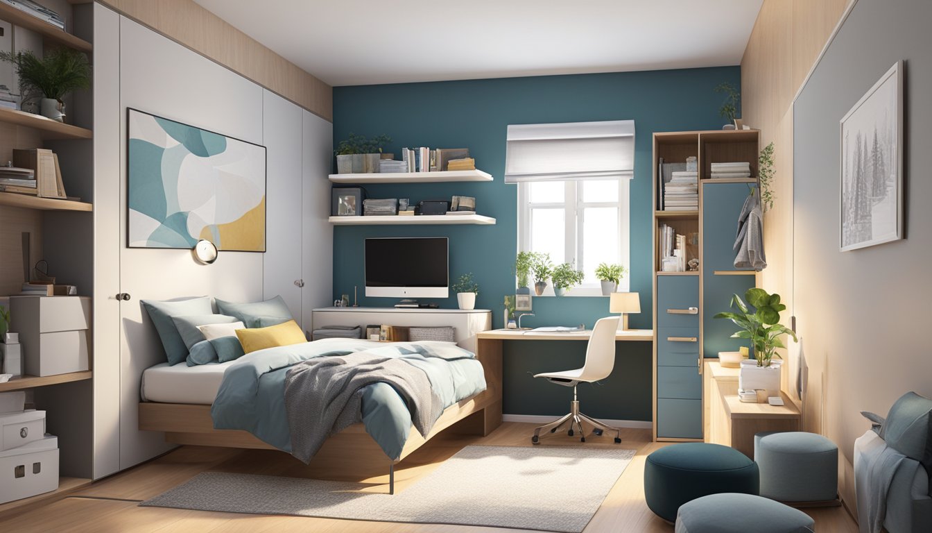 A compact bedroom with a neatly organized wardrobe, utilizing space-saving solutions. The room is filled with affordable furniture and storage options, creating a practical and budget-friendly setup