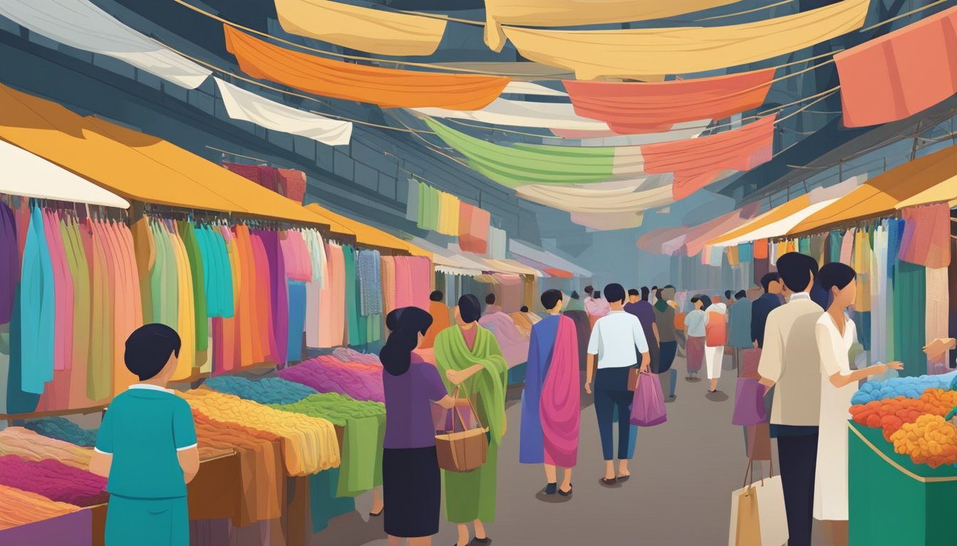 A bustling market stall in Singapore displays an array of vibrant shawls, neatly folded and hanging from racks. Customers browse the selection, while the vendor arranges new arrivals