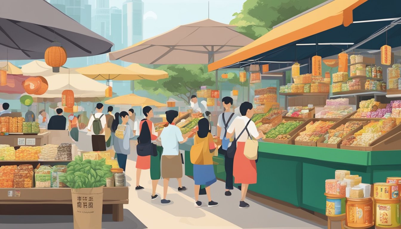 A bustling market stall displays a variety of Taiwan products in Singapore, including snacks, tea, and souvenirs