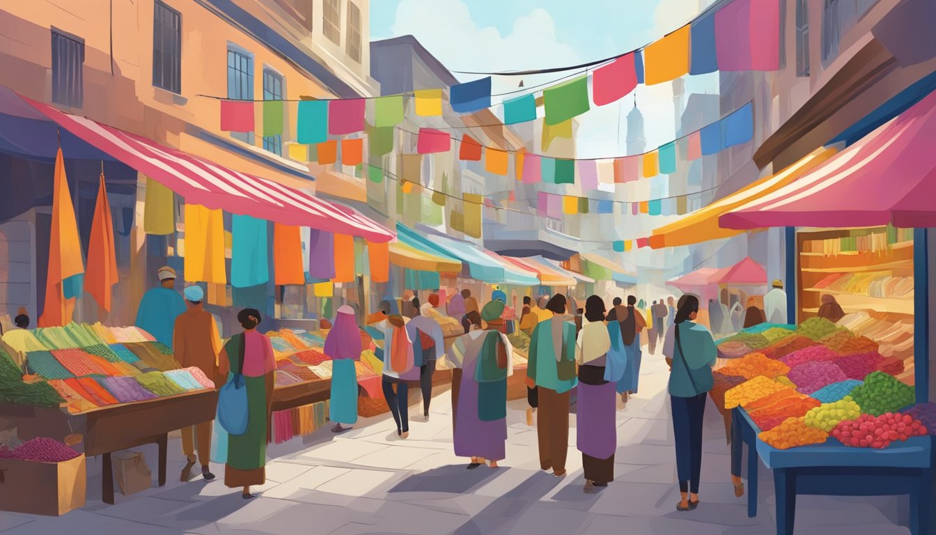 A bustling street market with colorful shawls hanging from shop awnings. Customers browse through the vibrant fabrics, while vendors display their wares