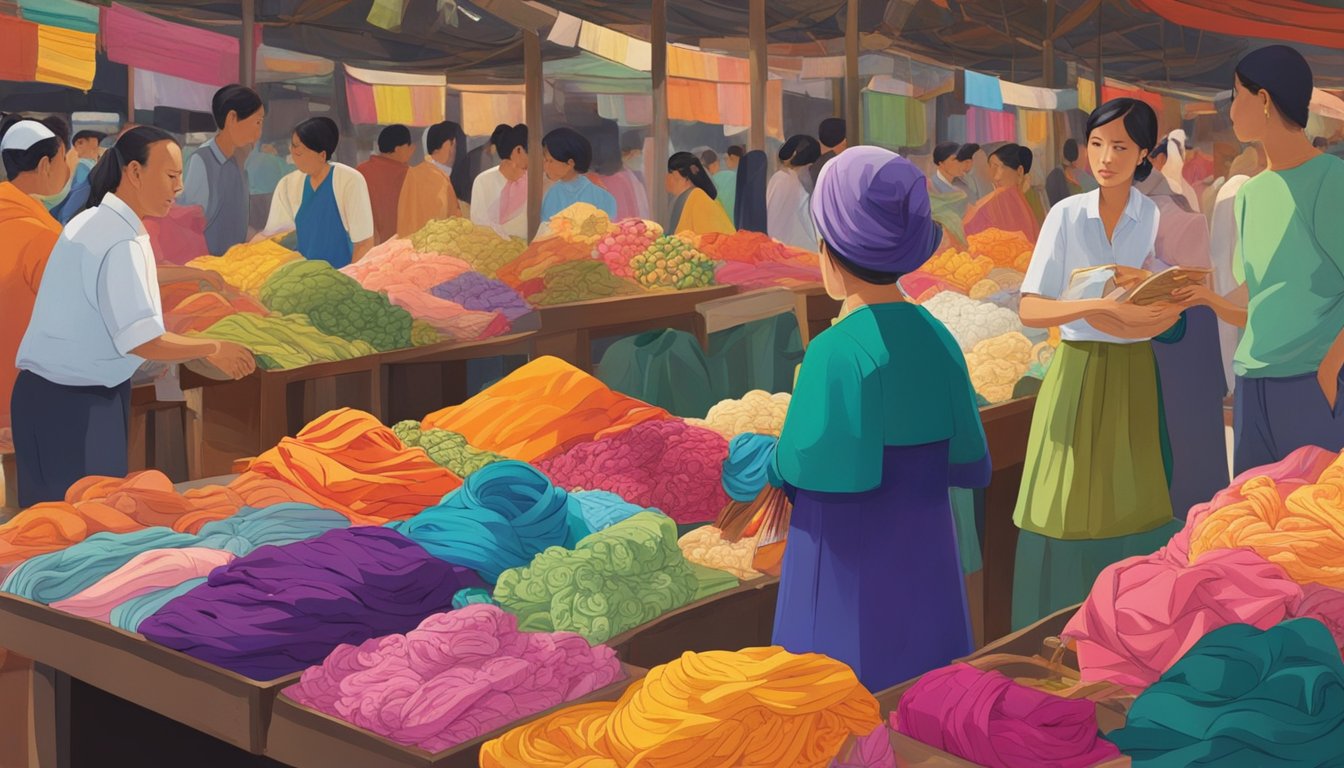 A woman stands in a bustling Singapore market, surrounded by vibrant shawls. Vendors display an array of colors and patterns, while the woman carefully examines each one before making her selection