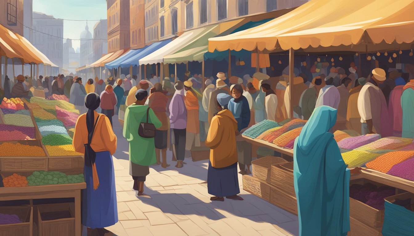 A bustling marketplace with colorful shawls displayed on racks, with customers browsing and vendors engaging in conversation