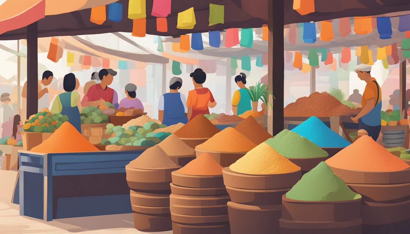 A bustling market stall displays various types of clay in vibrant colors and textures, with a sign indicating "Clay for Sale" in Singapore