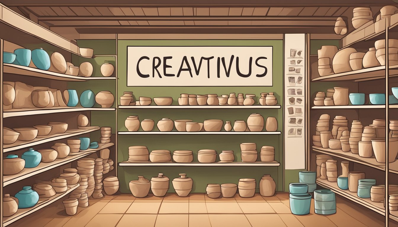 A colorful display of various types of clay arranged on shelves, with a sign indicating "Creative Clay Uses and Workshops" in a store in Singapore
