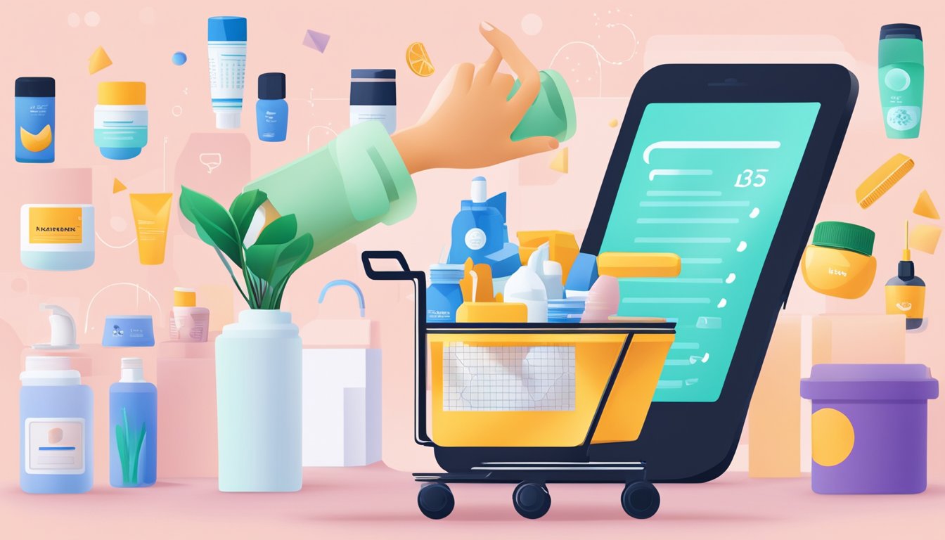 A hand reaches for a tube of dmk enzyme mask, surrounded by online shopping icons and a digital cart