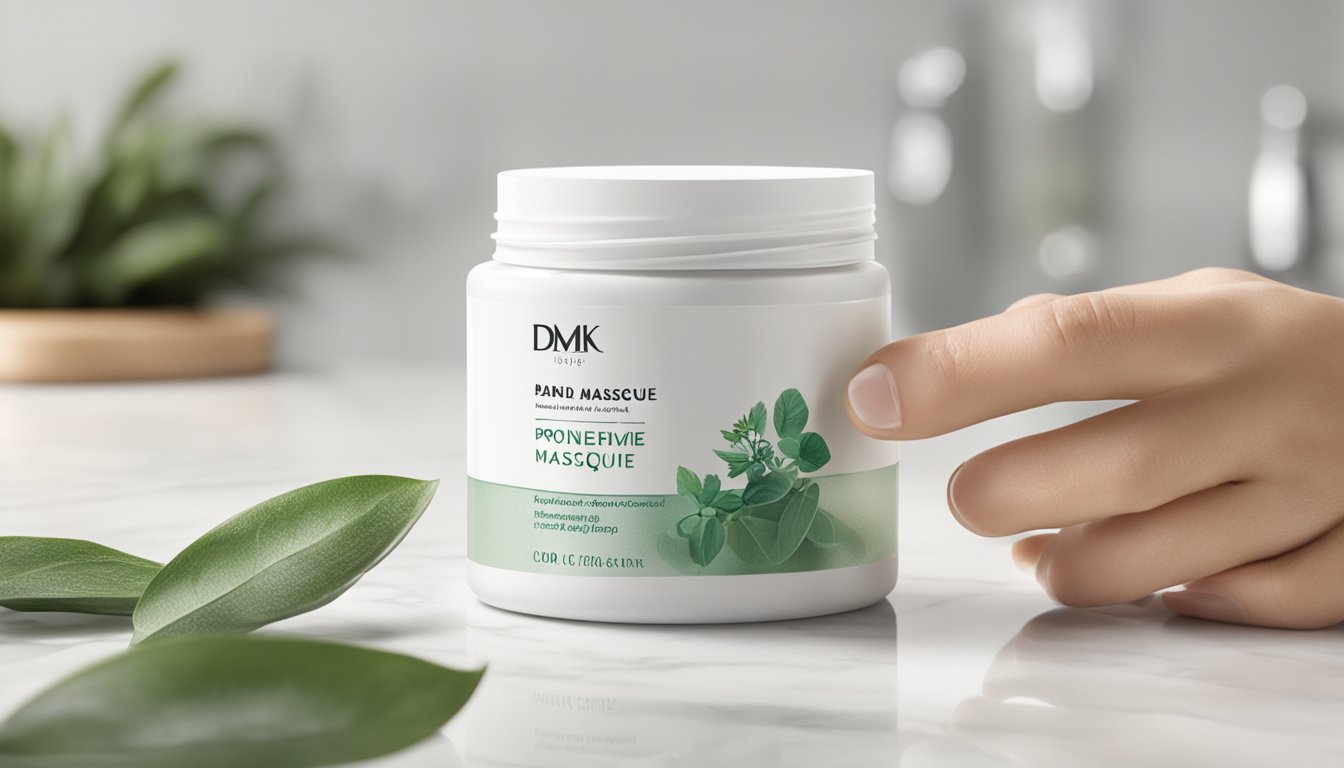 A hand reaches for a jar of DMK Enzyme Masque on a clean, white countertop. The label is bold and eye-catching, with the promise of rejuvenated skin