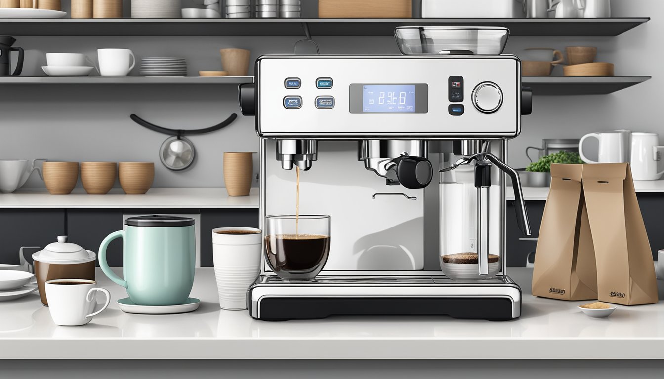 A sleek coffee machine sits on a pristine white countertop in a modern Singaporean kitchen, surrounded by bags of freshly roasted coffee beans and an assortment of artisanal mugs