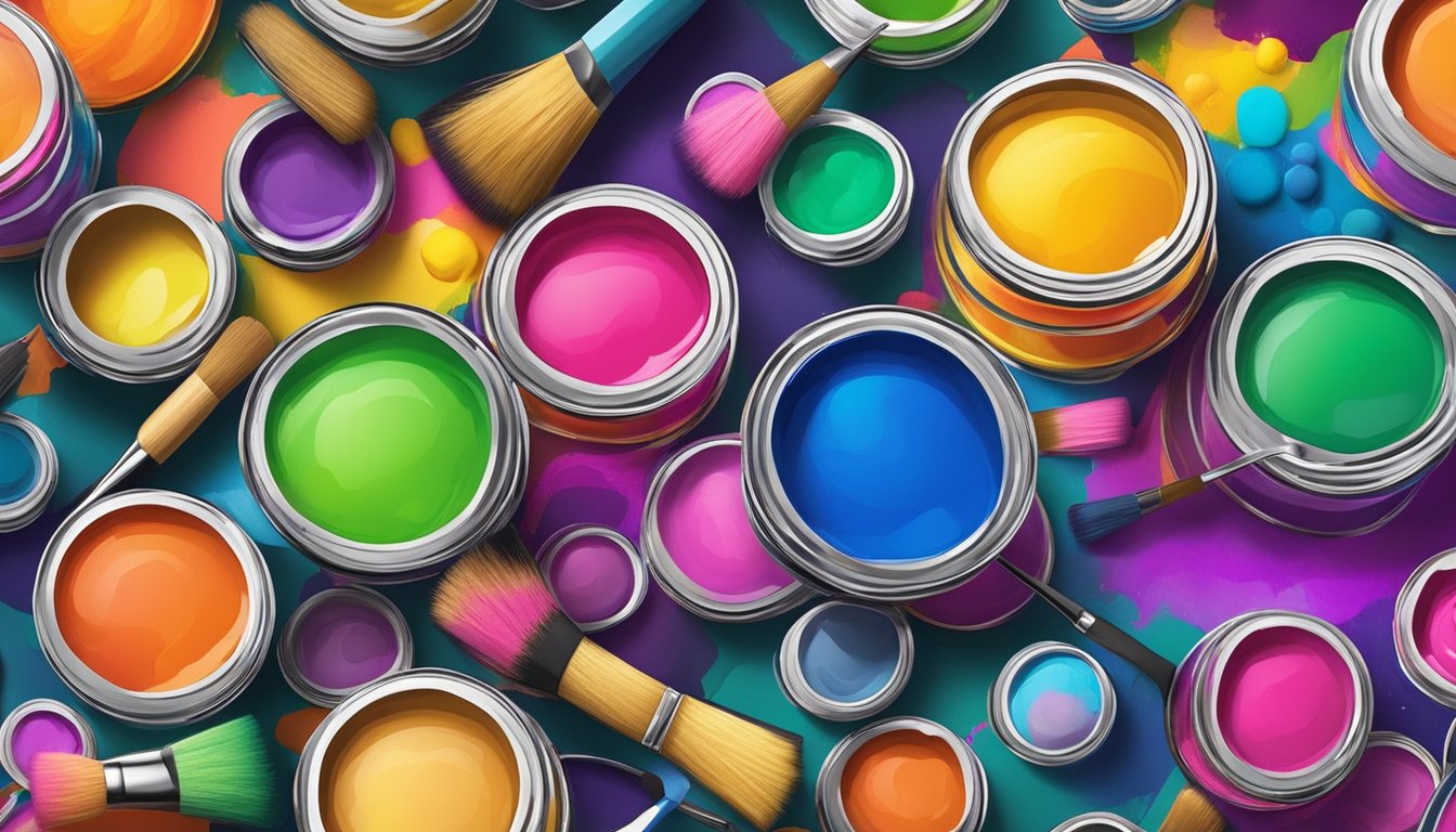 Vibrant face paint tubes displayed on a colorful backdrop with a variety of brushes and sponges scattered around