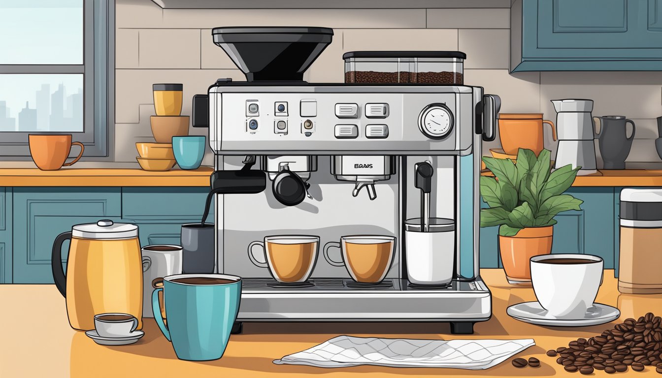 A coffee machine sits on a sleek countertop in a modern kitchen, surrounded by bags of freshly roasted coffee beans and a variety of colorful mugs