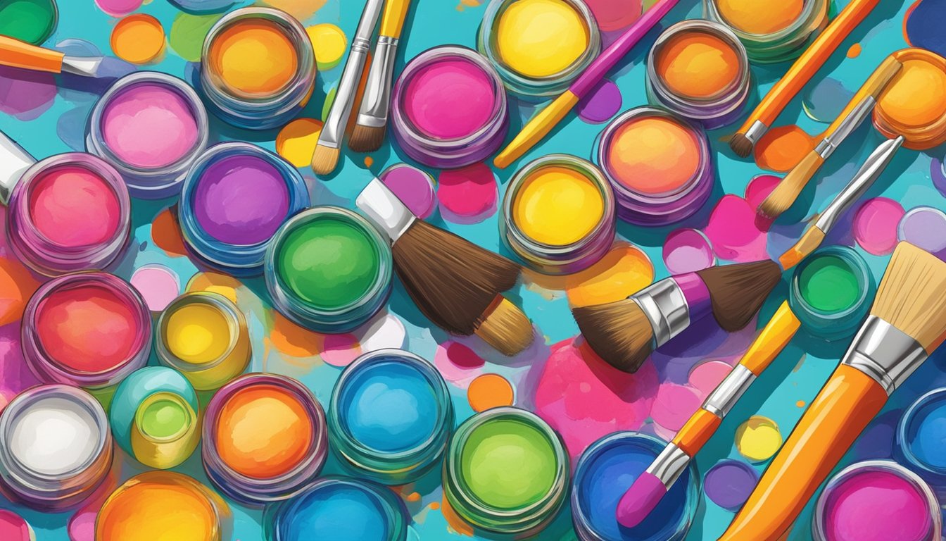 Brightly colored face paint tubes and brushes arranged on a table, with a vibrant backdrop of smiling children wearing the face paint designs
