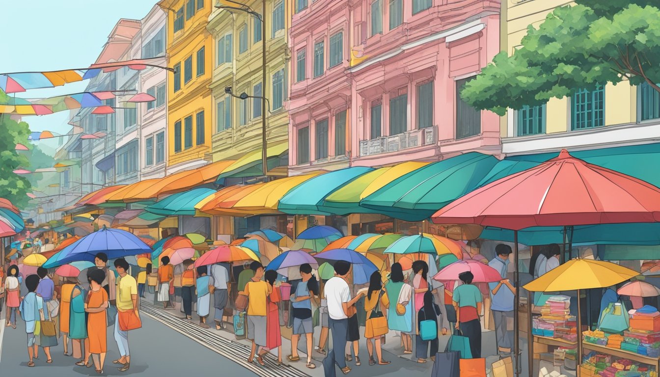 A crowded street in Singapore, with colorful umbrellas displayed outside shops. People are seen browsing and purchasing umbrellas from various vendors