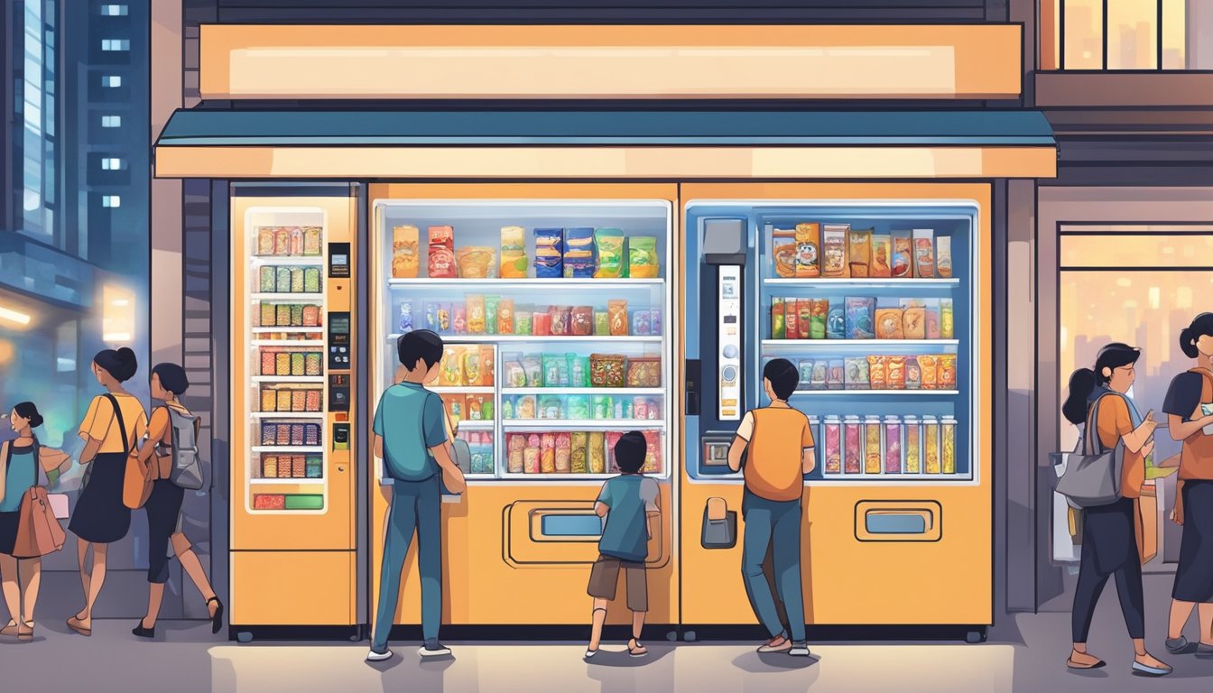 A vending machine is placed in a bustling Singapore location, surrounded by people and bright city lights. The machine is fully stocked with a variety of snacks and drinks, ready for customers to make their selections