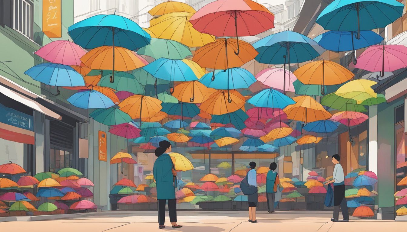 A person stands in a bustling street, carefully examining a variety of umbrellas on display outside a shop in Singapore. The bright colors and different styles create a vibrant and inviting scene