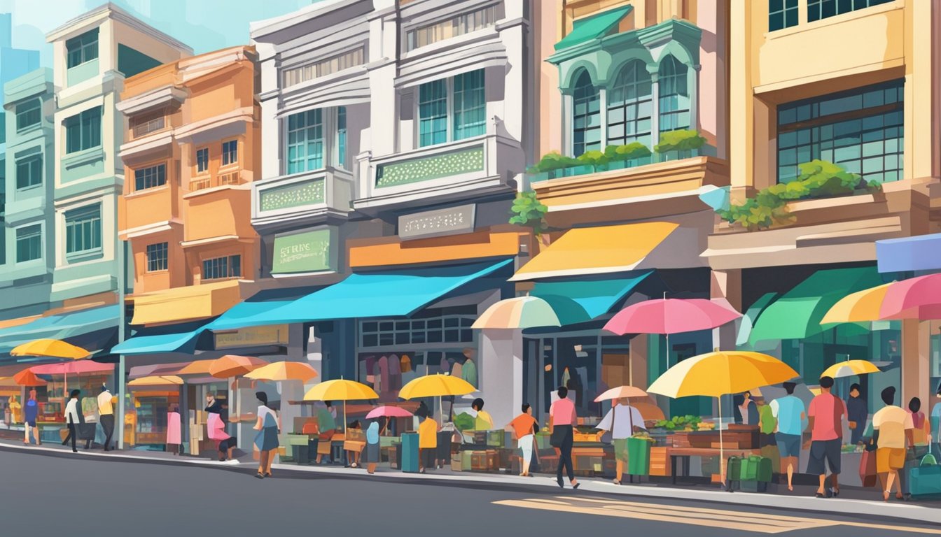A bustling street in Singapore, with colorful storefronts and people carrying umbrellas. A sign reading "Umbrellas for Sale" stands out among the shops