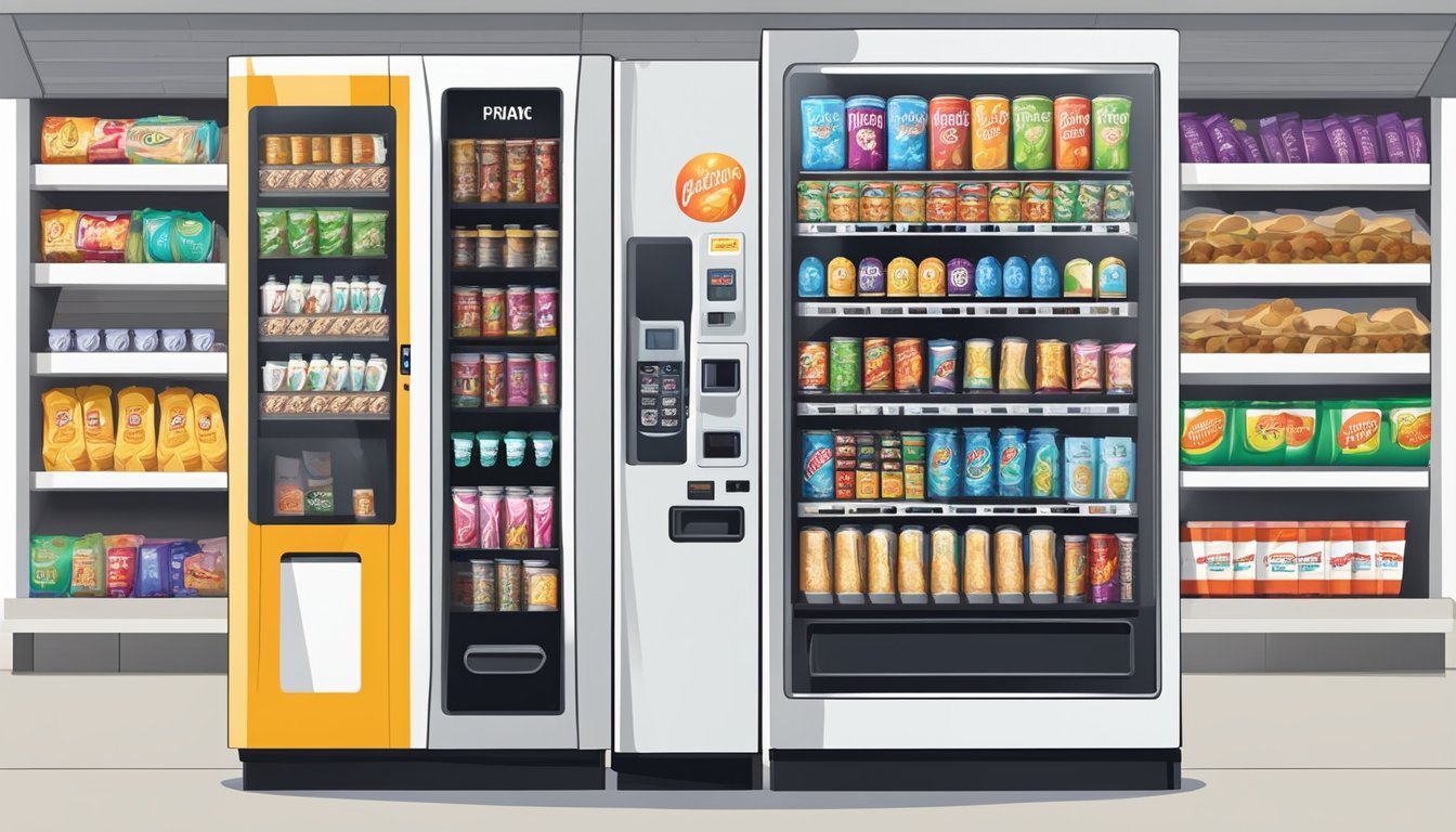 A vending machine stands against a white wall, stocked with various snacks and drinks. The machine's digital display shows the available items and prices
