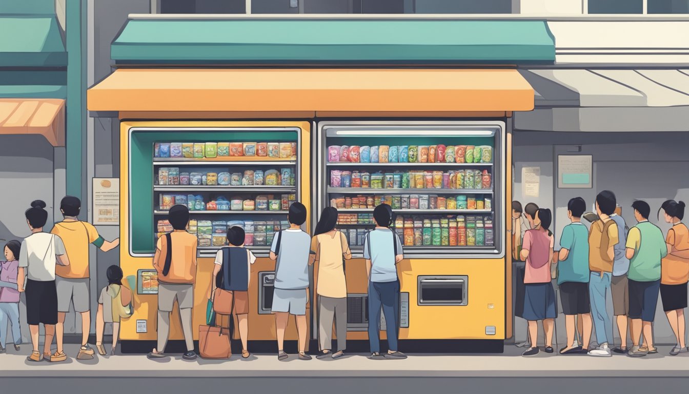 A vending machine in a bustling Singaporean market, surrounded by curious onlookers and potential customers