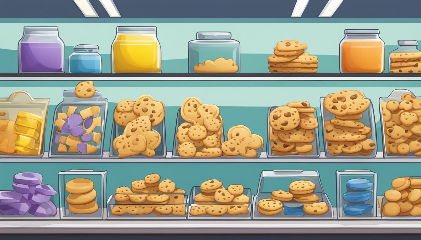 A display of various cookie cutters arranged on shelves in a brightly lit store in Singapore