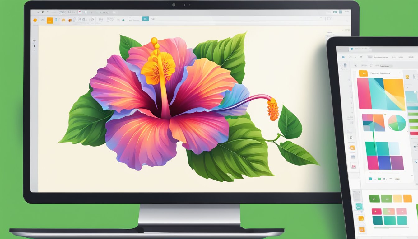 A vibrant hibiscus flower is being purchased online, with a cursor clicking the "buy" button on a computer screen
