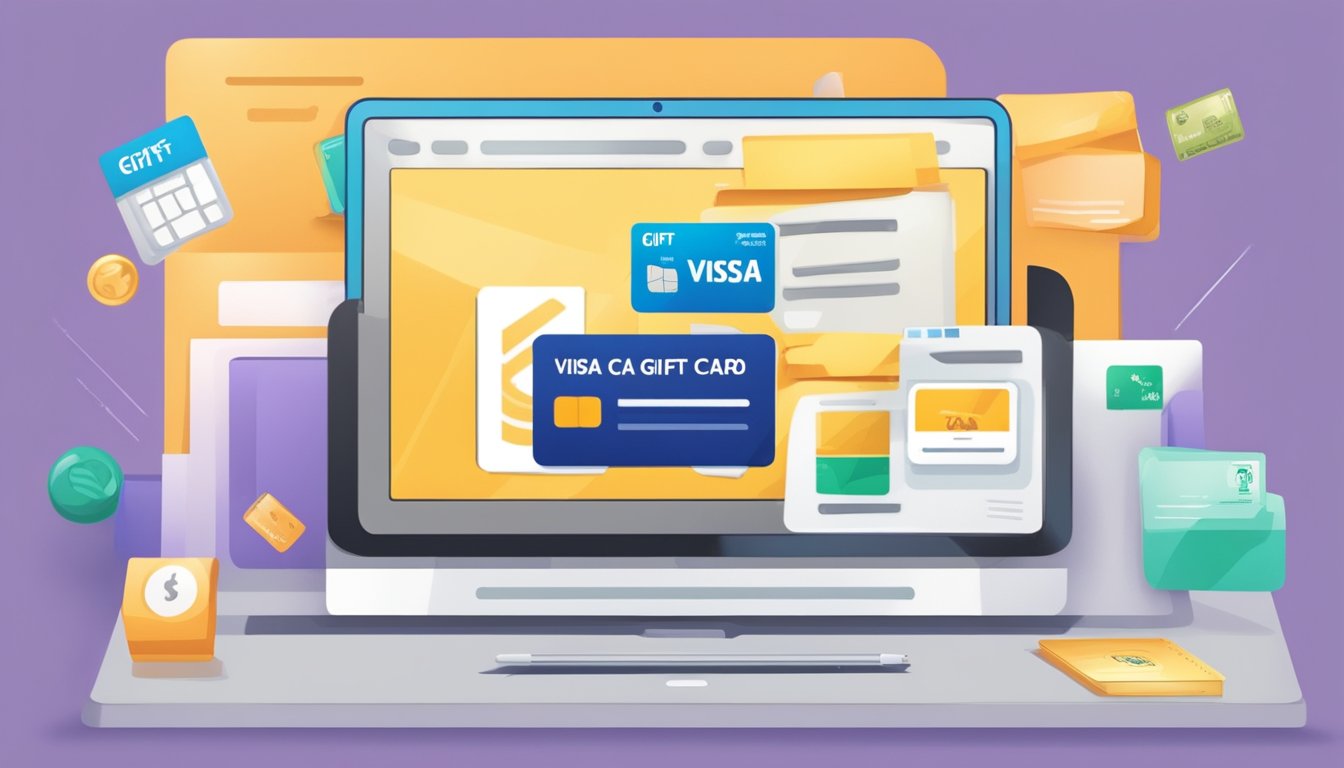 A computer screen with a browser open to a gift card website, a cursor clicking on the "Visa gift card" option, and a credit card being entered for payment