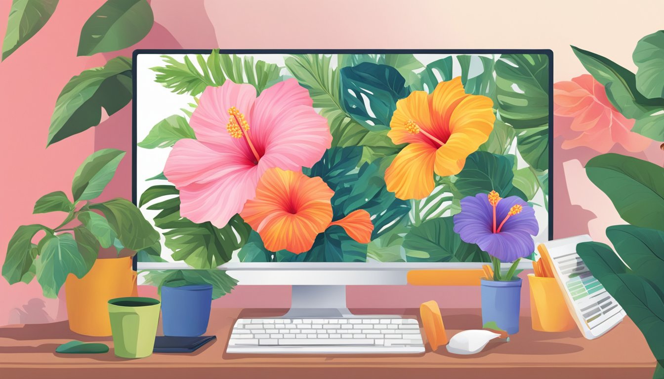 A customer carefully selects a vibrant hibiscus flower from an array of options displayed on a computer screen