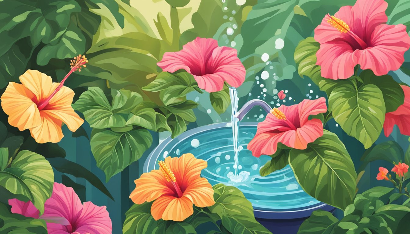 A hand pours water onto a vibrant hibiscus plant in a sunny garden setting. The plant is surrounded by lush green leaves and colorful blooms