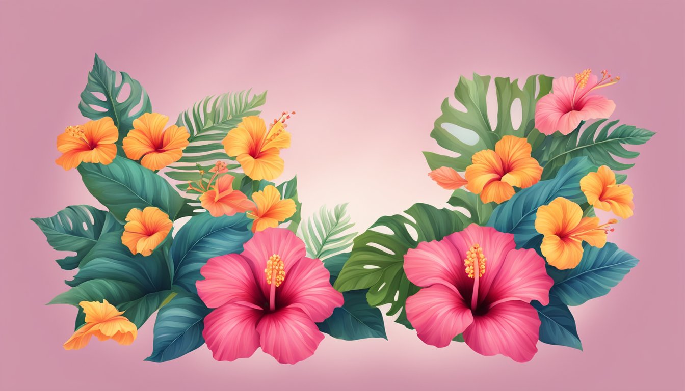 A vibrant hibiscus flower surrounded by text "Frequently Asked Questions" and "buy online" for a digital illustration