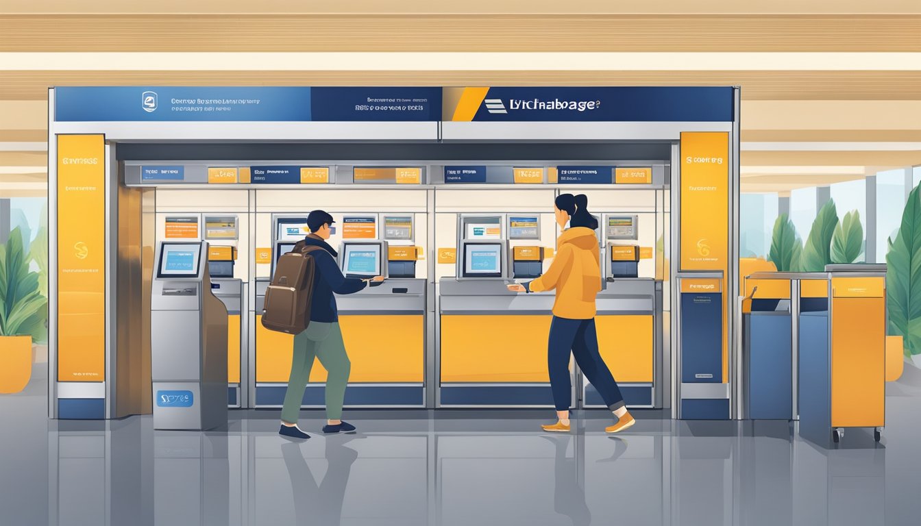 A traveler swiping a credit card at a self-service kiosk to purchase extra baggage on Singapore Airlines