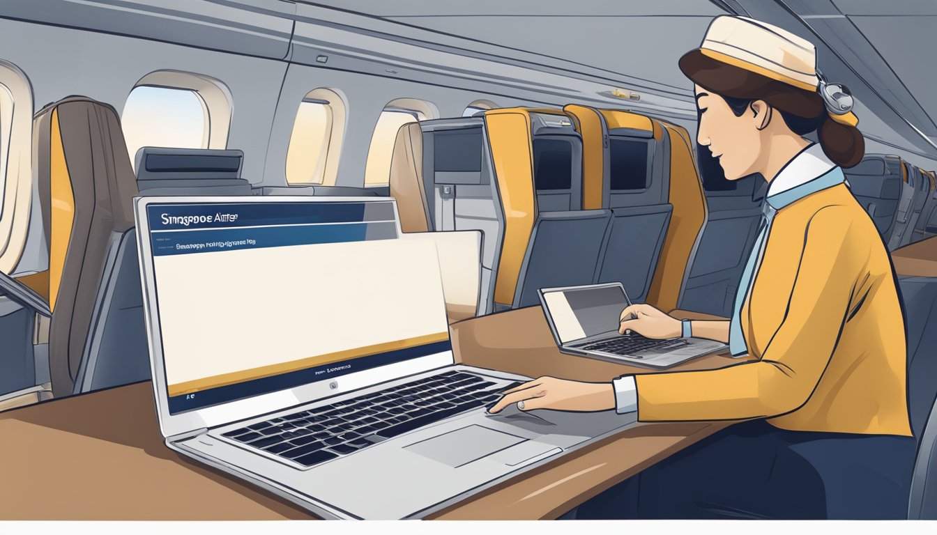 A customer using a laptop to access the Singapore Airlines website, navigating to the "Manage Booking" section, and selecting the option to purchase extra baggage