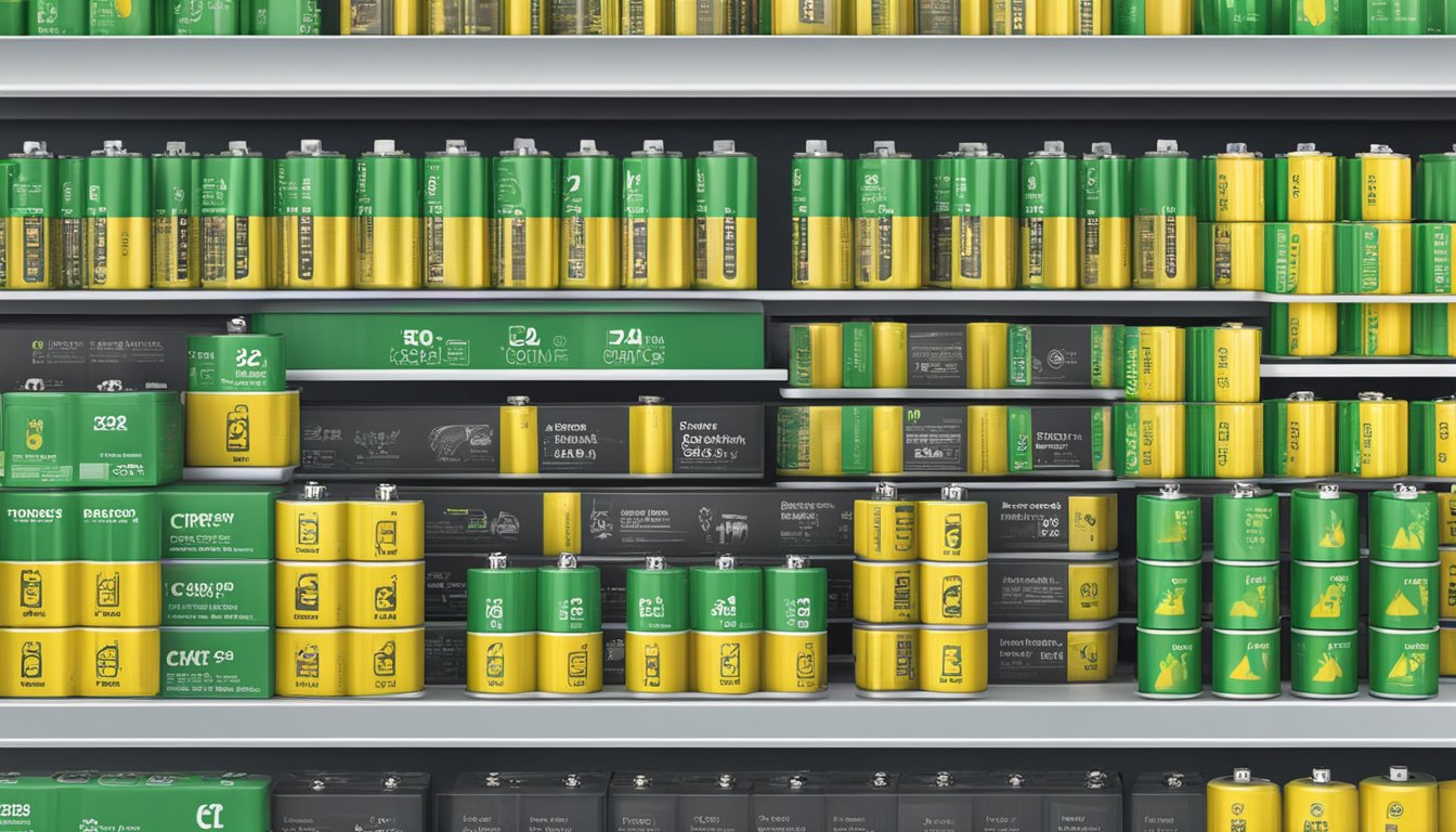 A display of CR2 batteries on a store shelf, with clear signage indicating "where to buy cr2 battery singapore."