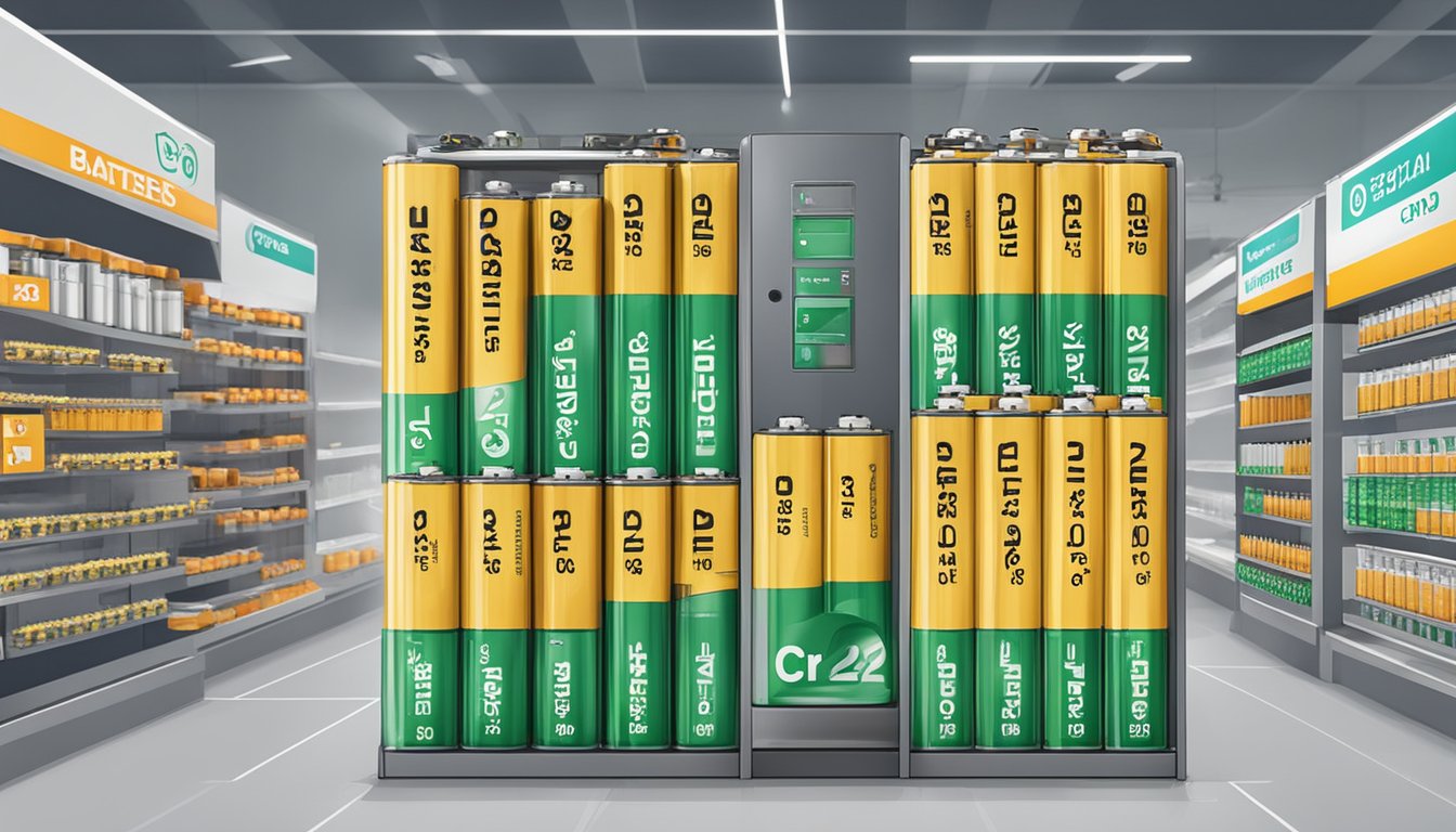 A display of CR2 batteries with a "Frequently Asked Questions" sign in a Singapore store