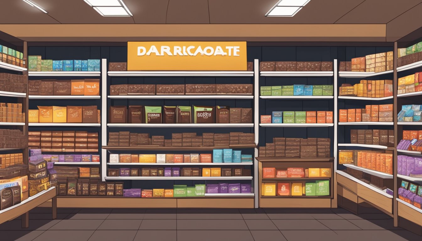 A busy marketplace with shelves stocked with various brands of dark chocolate bars and boxes, with signs advertising the availability of dark chocolate in Singapore