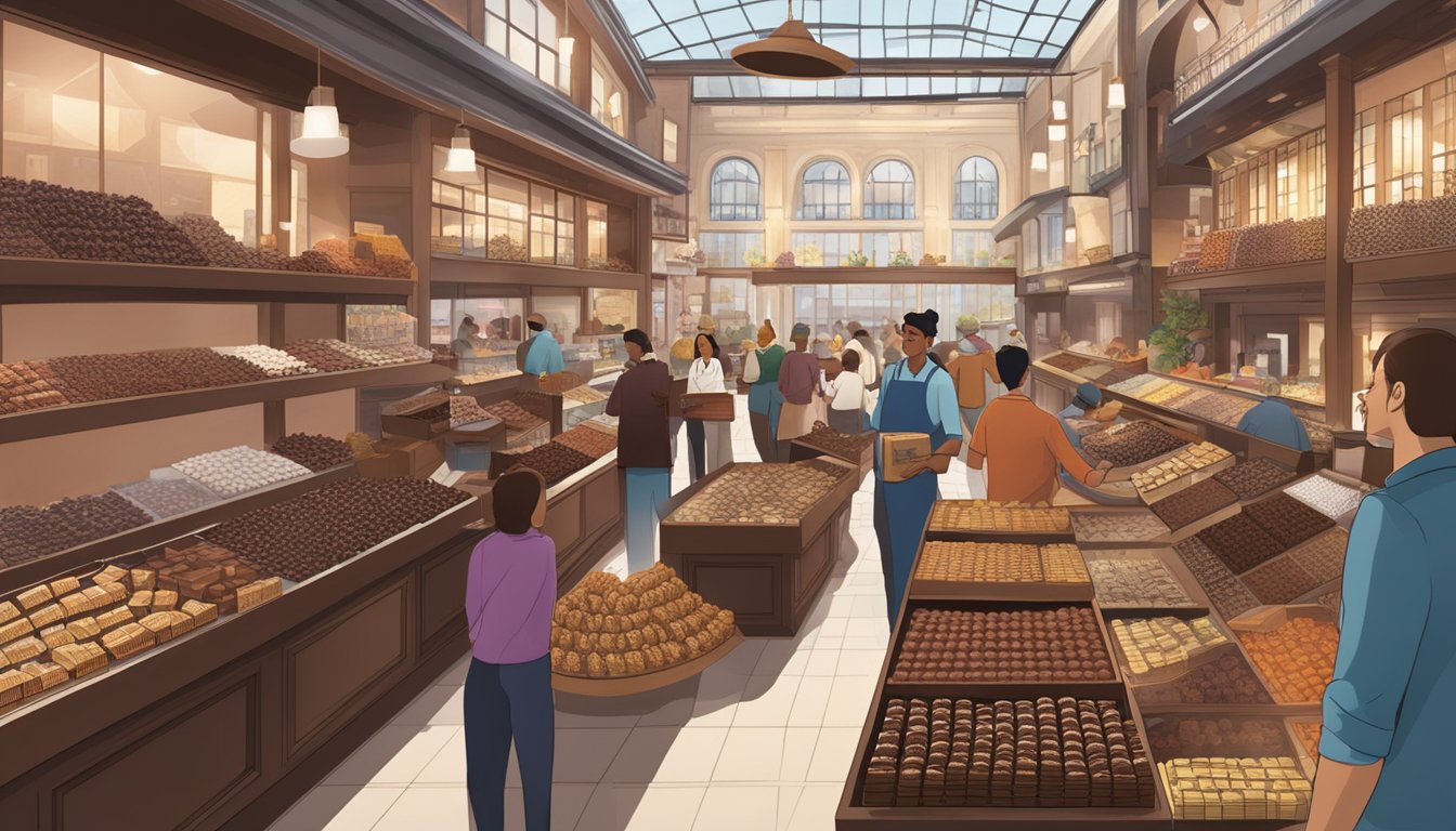 A bustling market with rows of artisanal chocolate shops, showcasing a variety of dark chocolate bars and truffles. The aroma of cocoa fills the air as customers sample and purchase their favorite treats