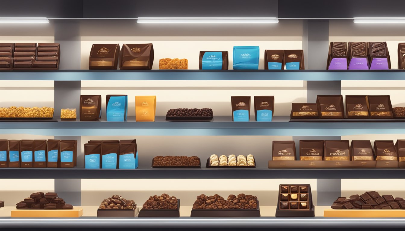 A display of assorted dark chocolates on shelves in a specialty store in Singapore. Brightly lit, with clear signage and packaging