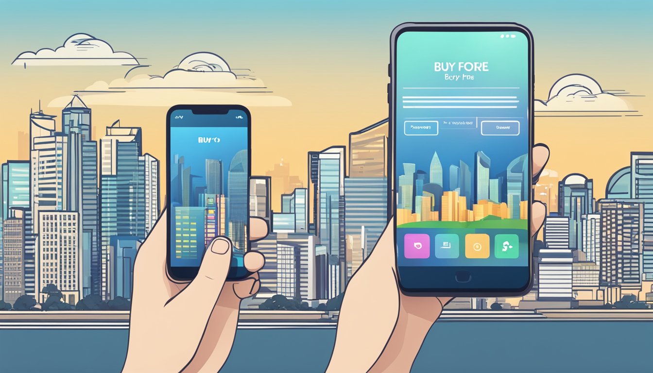 A hand holding a smartphone with a "buy for me" service app open, with a Singapore skyline in the background