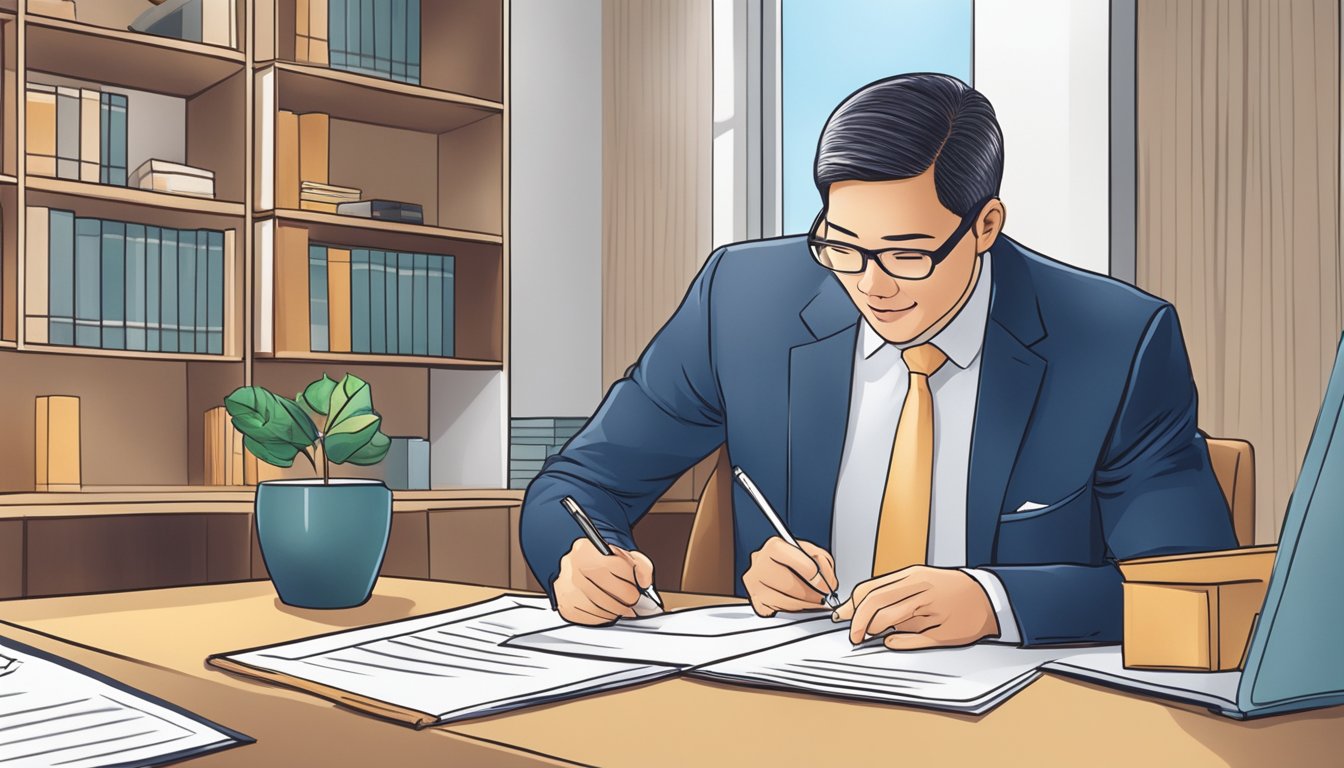 A person signing a legal document at a real estate office in Singapore