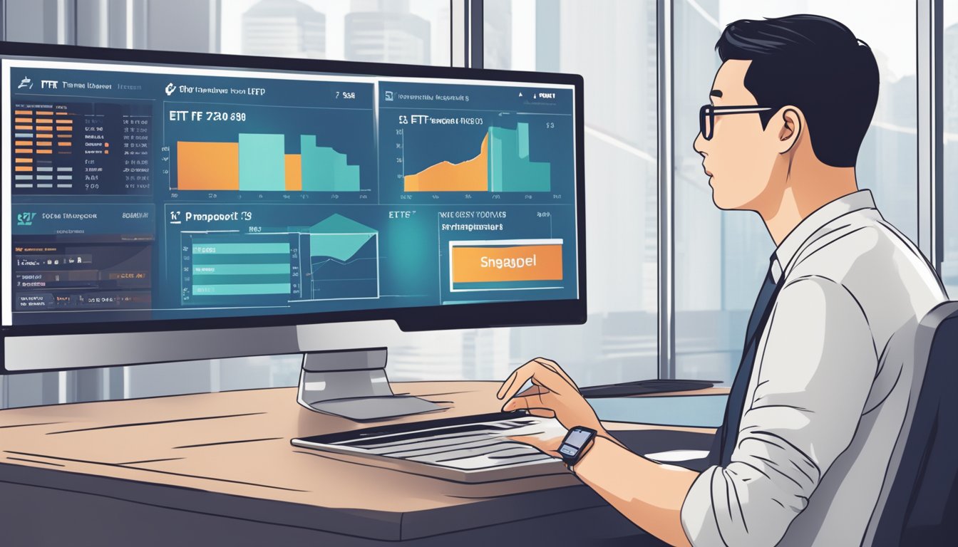 A person in Singapore uses a mobile device to access a trading platform and purchases Vanguard ETF shares. The screen displays the ETF symbol, current price, and the option to buy