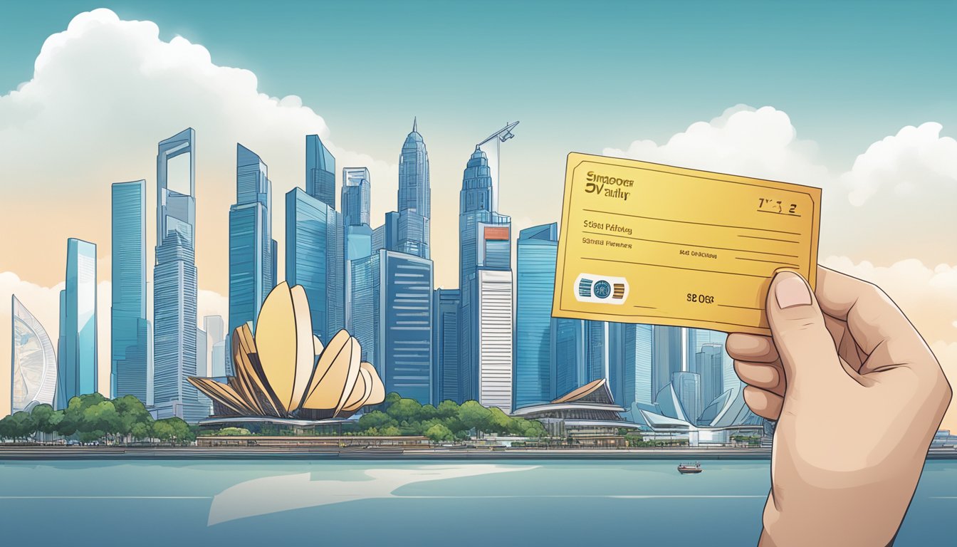 A person holding a giant voucher with Singapore skyline in the background
