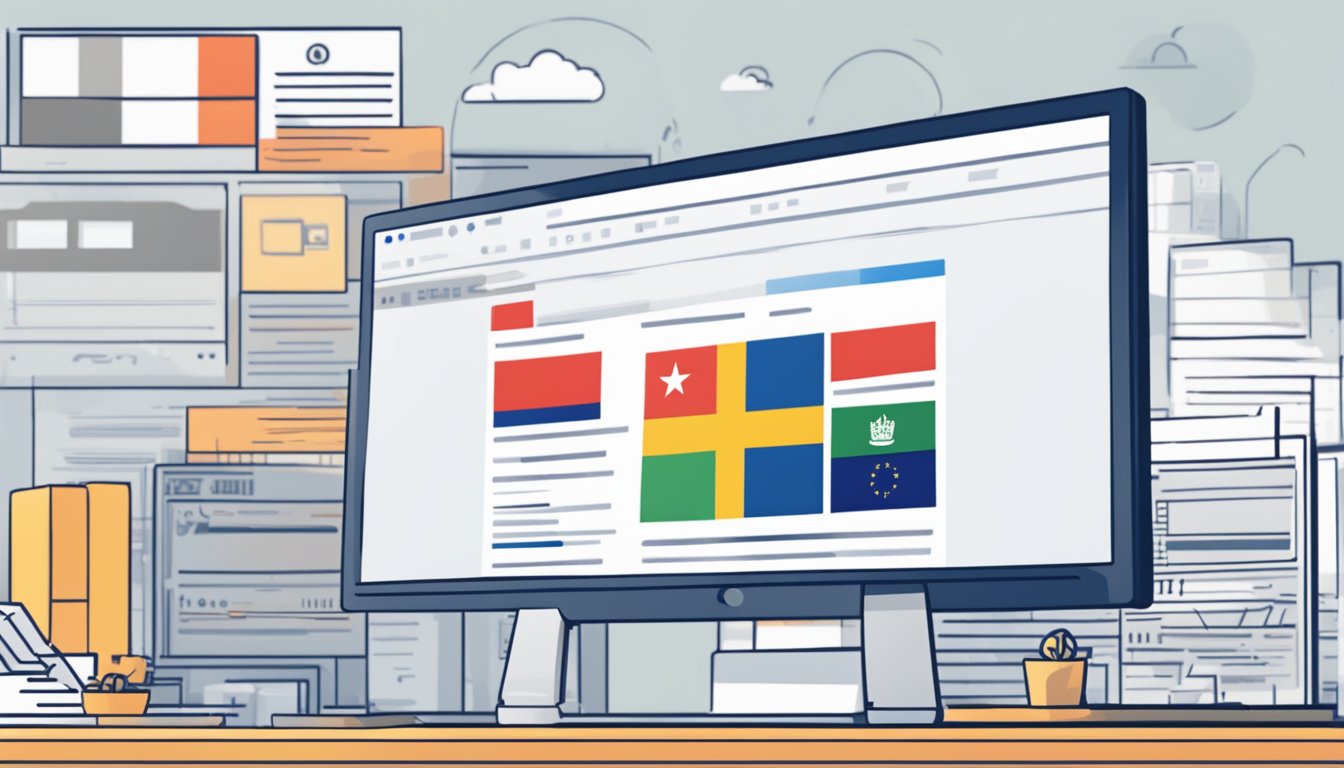 A computer screen displaying the Vanguard website with a search bar for ETFs, a mouse hovering over the "buy" button, and a Singaporean flag in the background