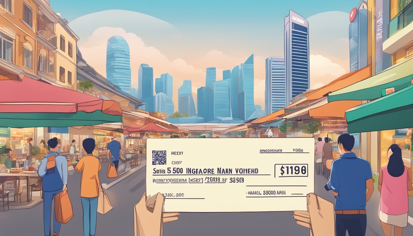 A person holding a giant voucher with the Singapore skyline in the background, surrounded by various shopping and dining establishments
