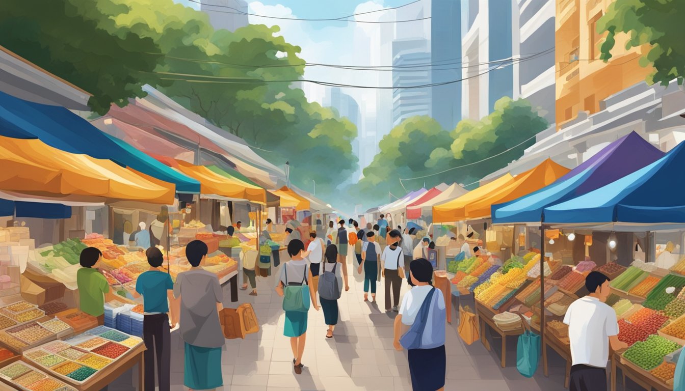 A bustling street market in Singapore, with colorful stalls selling diamond painting kits and supplies. Shoppers browse the selection, while vendors showcase their intricate designs