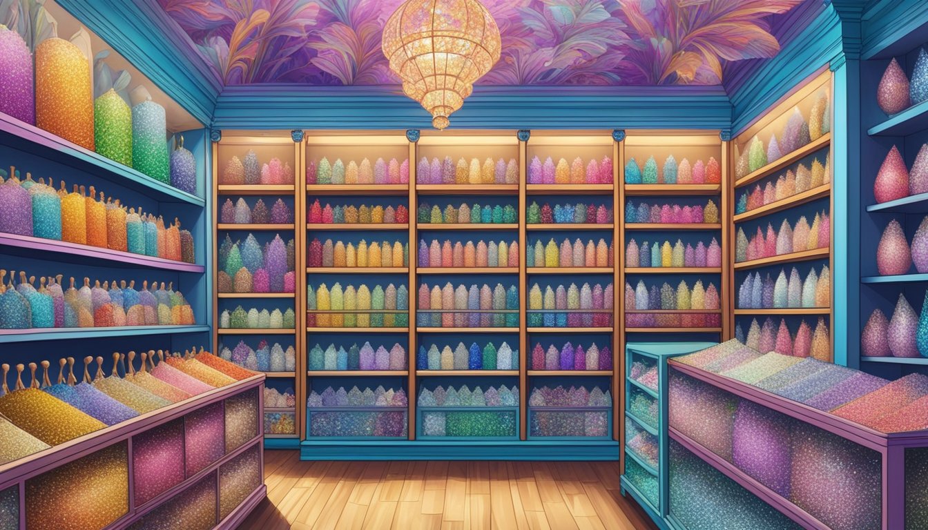 A colorful array of diamond painting kits displayed in a vibrant Singaporean store. Shelves lined with intricate designs and sparkling gemstones, inviting customers to explore the art of diamond painting