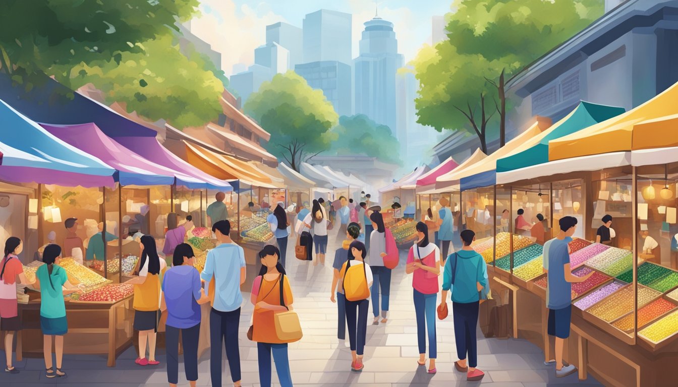 A bustling marketplace with colorful stalls selling diamond painting kits in Singapore. Customers browse and ask questions, while vendors display their products with pride