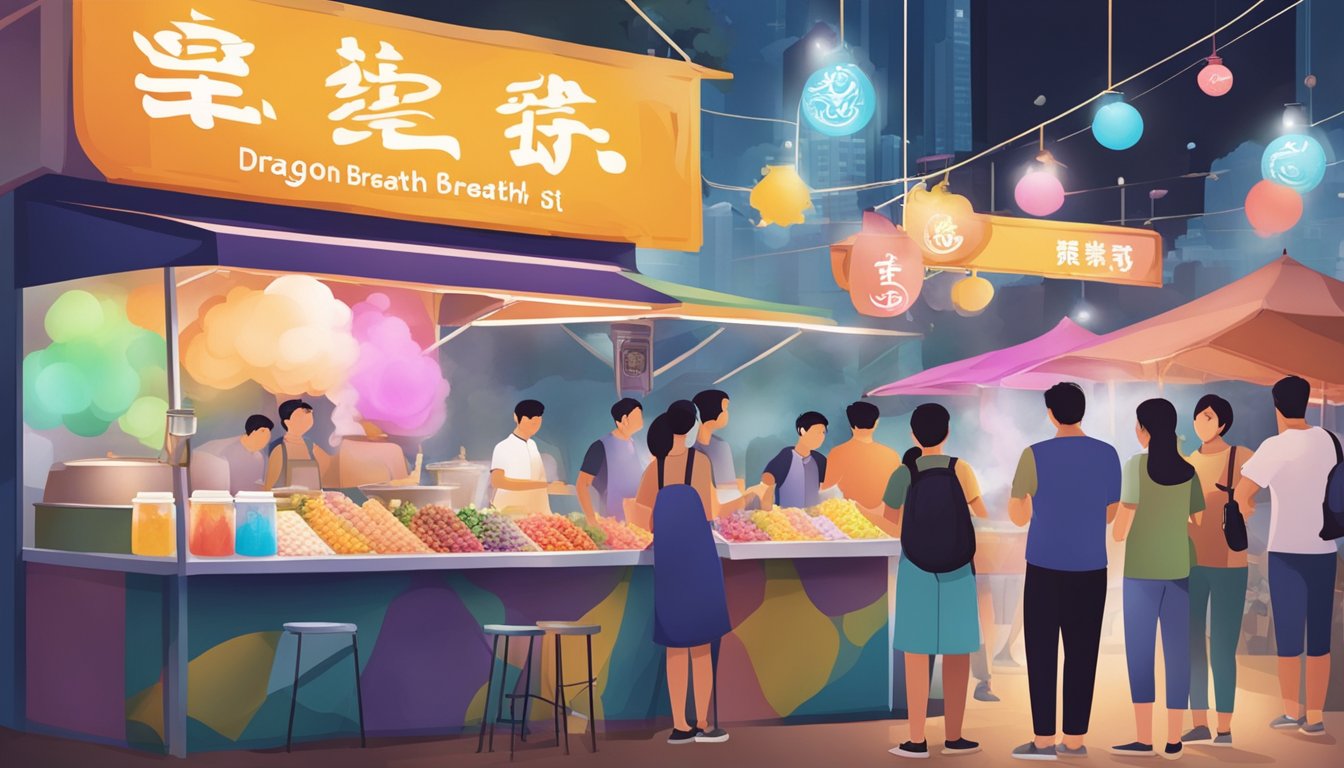 Dragon breath stall in Singapore, with colorful signage and a crowd of customers. A vendor is preparing the liquid nitrogen-infused snack