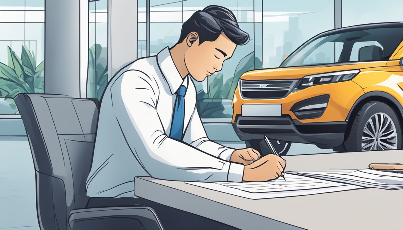 A person signing paperwork at a car dealership in Singapore. The shiny new car is parked in the background