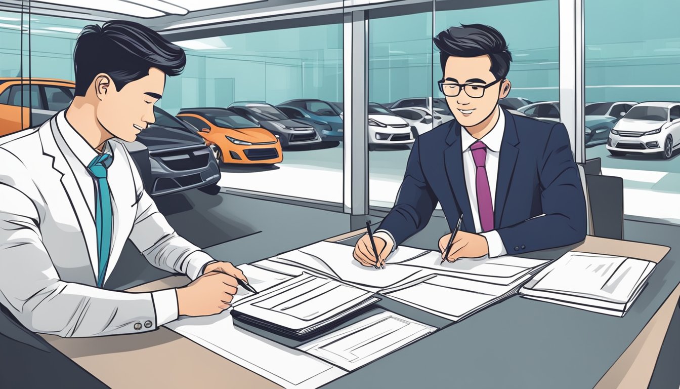 A person purchasing a new car in Singapore, signing paperwork at a dealership, with a salesperson assisting