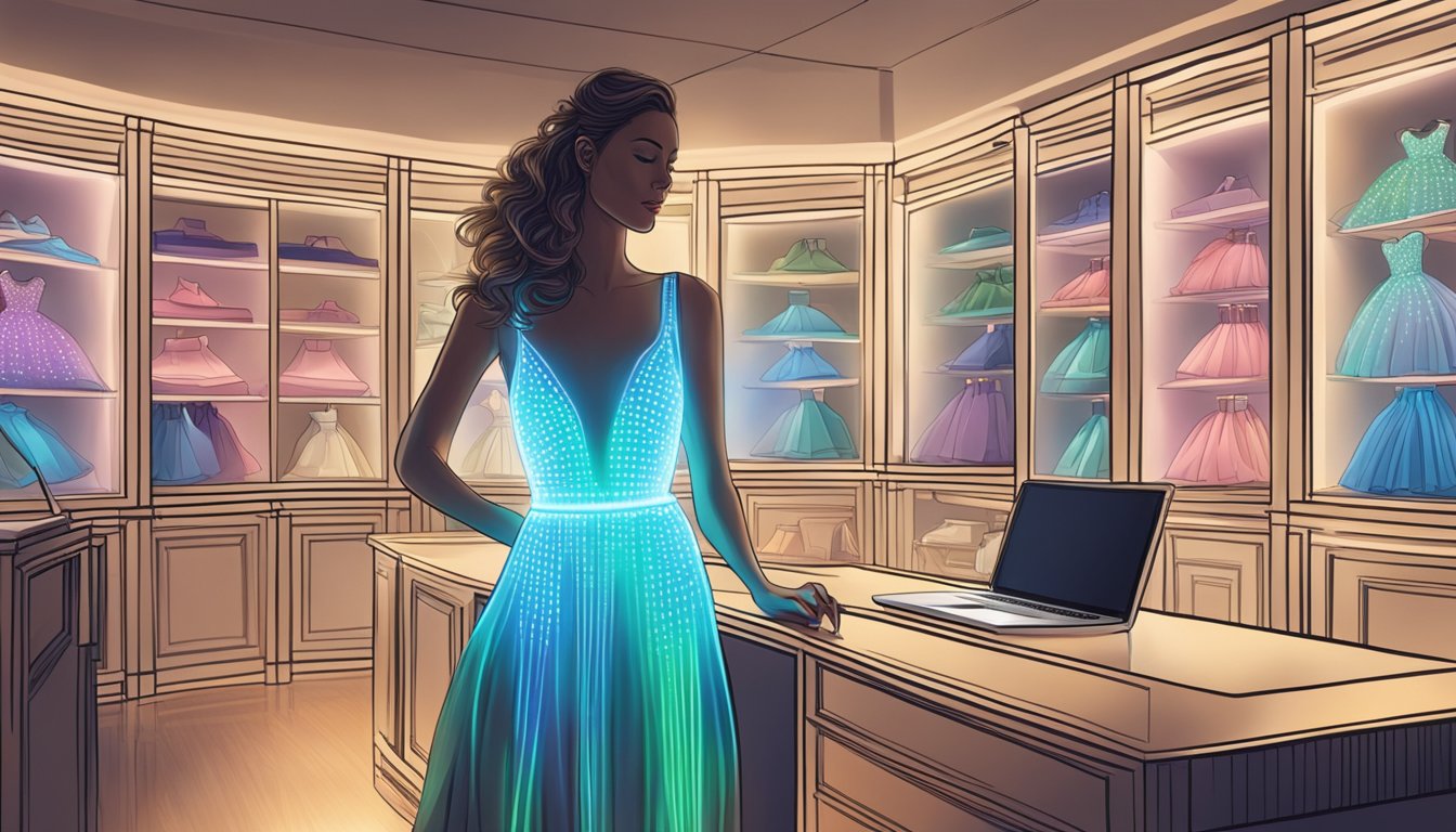 A model wearing a LED light dress is browsing and purchasing the item online